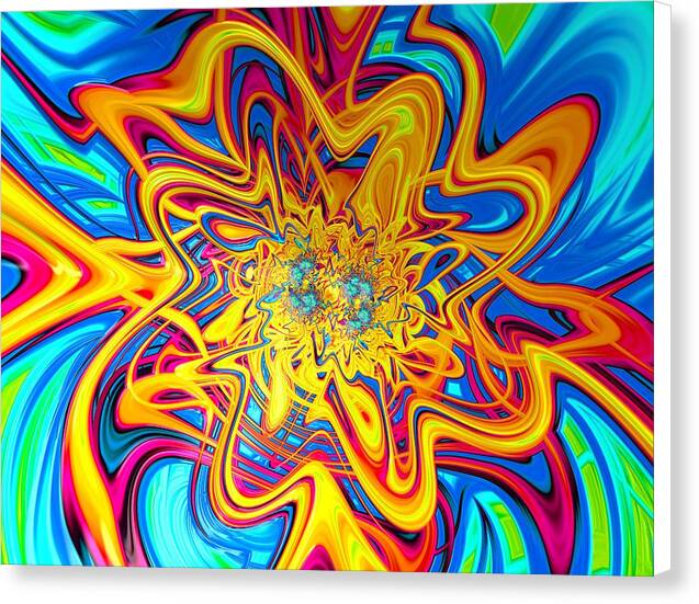 Loony – trippy abstract canvas print by Patrick Zion, white edge version with vivid rainbow fractal patterns spiraling outward in an explosion of color and joy.