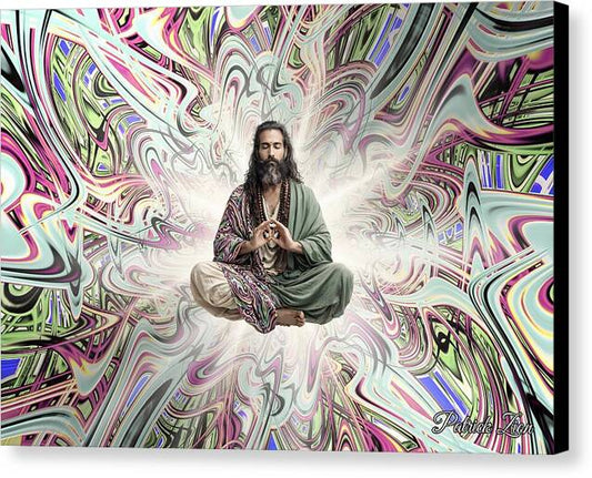 Approaching Nirvana – spiritual fractal canvas art by Patrick Zion, black edge version featuring a calm yogic figure in deep meditation immersed in flowing fractal patterns and luminous awareness.