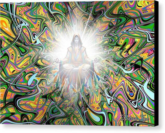 Ascended Master – psychedelic spiritual fractal art by Patrick Zion, black edge version depicting an illuminated meditative figure radiating divine energy through colorful flowing patterns.