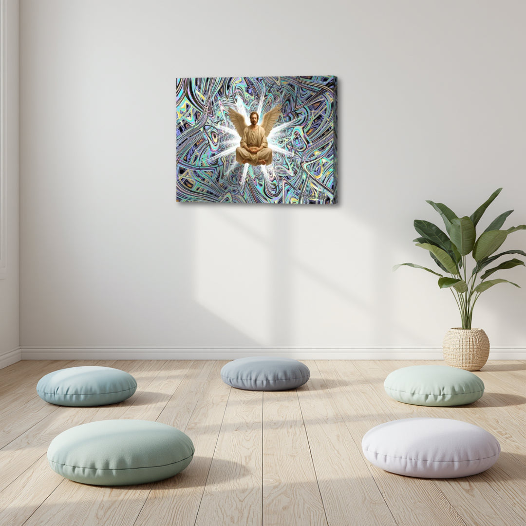 Azael by Patrick Zion displayed in a serene meditation space, featuring a winged figure in lotus position surrounded by intricate fractal patterns and luminous spiritual energy.