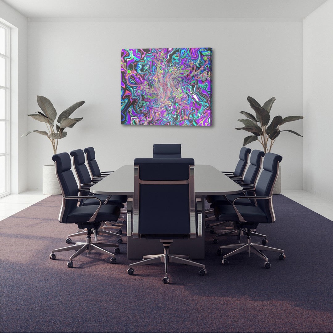 Behind the Event Horizon canvas wall art by Patrick Zion displayed above a modern executive conference table in a bright contemporary boardroom. The artwork features swirling cosmic fractal patterns in purple, turquoise, pink, and black converging toward a luminous center, evoking mystery, discovery, limitless possibility, visionary thinking, and exploration beyond the known.