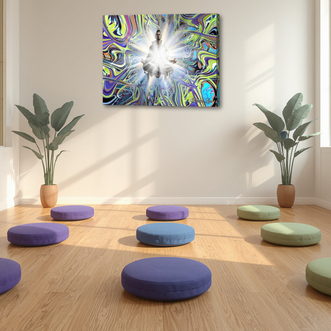 Beyond Good & Evil by Patrick Zion displayed in a serene meditation space, featuring a radiant floating figure surrounded by dynamic fractal energy symbolizing transcendence, unity, and spiritual awakening.