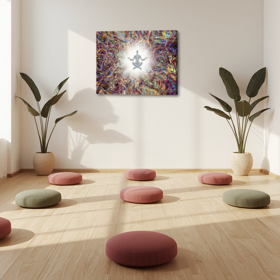 Boardroom Balance by Patrick Zion displayed in a tranquil meditation room, featuring a glowing meditative silhouette surrounded by abstract fractal energy symbolizing stillness, focus, and mental clarity.