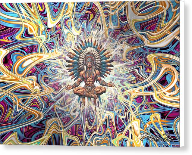Counseling with the Ancestors – psychedelic spiritual wall art by Patrick Zion, white edge version depicting a meditating tribal figure within swirling fractal light patterns representing guidance from ancestral realms and cosmic consciousness.