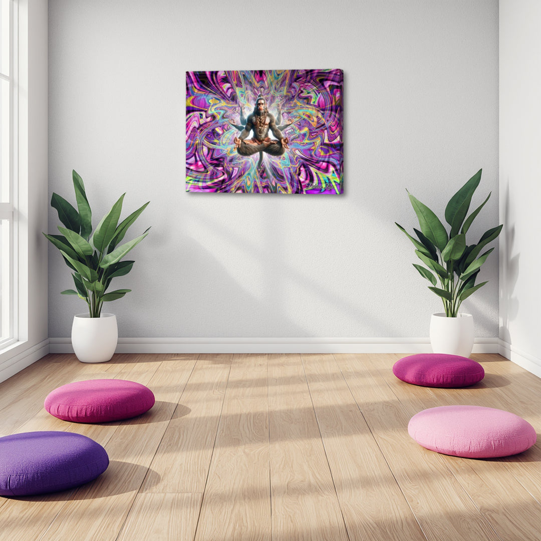 Divine Hanuman by Patrick Zion in a peaceful meditation space, featuring a sacred figure in deep meditation within luminous fractal light symbolizing discipline, devotion, and spiritual power.