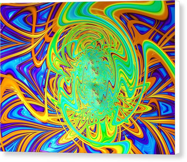 Dopey – trippy abstract canvas print by Patrick Zion, white edge version bursting with luminous fractal swirls in green, turquoise, and electric orange tones that radiate playful cosmic motion.