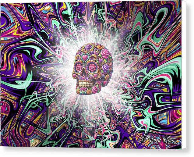Enlightenment of La Muerte – spiritual psychedelic canvas print by Patrick Zion, white edge version featuring a glowing skull made of flowers radiating from a vortex of color representing transformation and eternal consciousness.