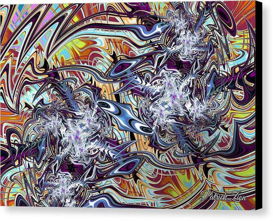 Ethereal Flux – psychedelic fractal canvas art by Patrick Zion, black edge version showcasing dynamic streams of color and energy in constant motion, symbolizing the fluid interplay between chaos and creation.