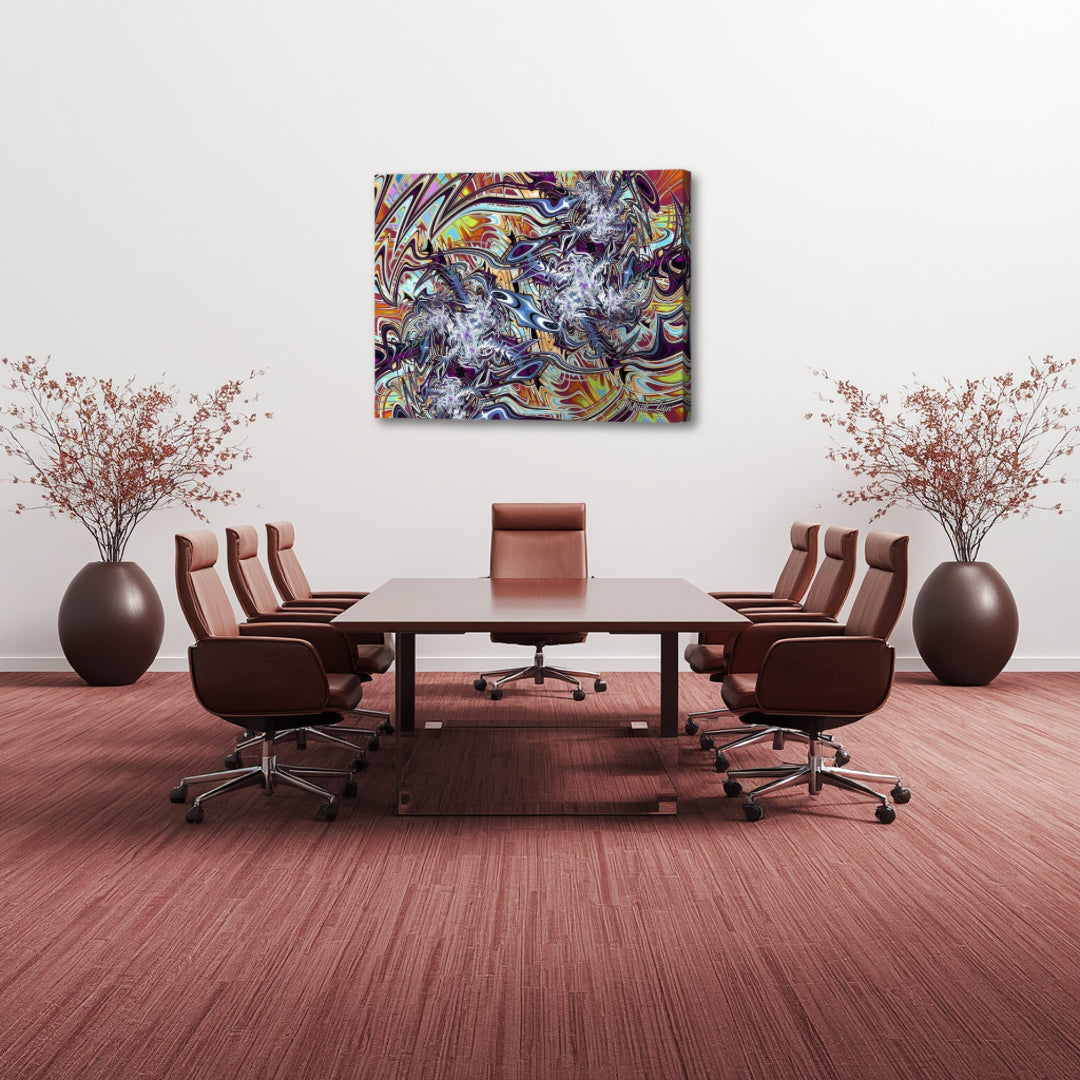 Ethereal Flux – abstract fractal canvas artwork by Patrick Zion displayed in a contemporary office conference space above a meeting table, featuring layered, flowing structures and luminous color transitions that introduce a sense of depth, clarity, and creative energy into a professional environment.