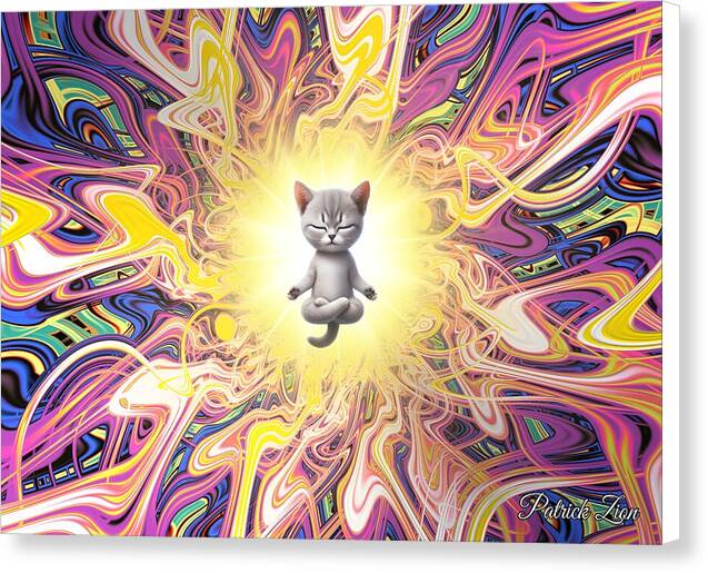 Feline Mystic in Psychedelic Fractal Aura – psychedelic cat meditation canvas art by Patrick Zion, white edge version showing a serene feline floating in radiant fractal energy and colorful abstract waves.