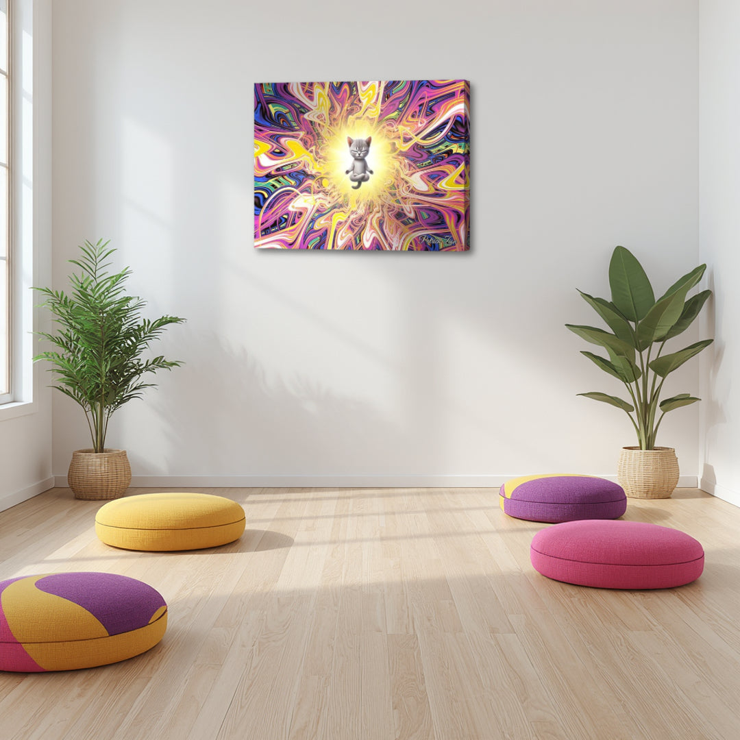 Feline Mystic canvas wall art by Patrick Zion displayed in a bright minimalist yoga and meditation studio with colorful floor cushions and indoor plants. The artwork portrays a meditating cat surrounded by radiant golden light and vibrant psychedelic fractal energy, bringing a sense of mindfulness, inner peace, spiritual awakening, and playful cosmic charm to the space.