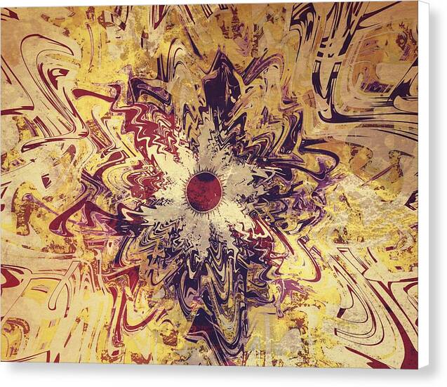 High Noon: Cosmic Sunburst – visionary abstract wall art by Patrick Zion, white edge version showcasing a vibrant fractal sunburst of swirling golds and purples, reflecting spiritual enlightenment and solar power.