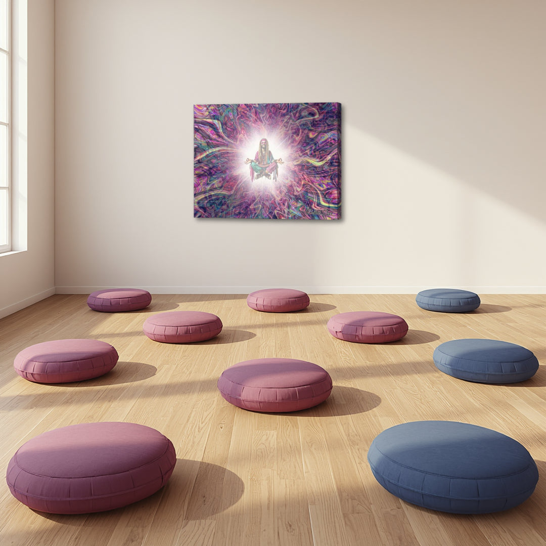 Hippie Bliss – spiritual psychedelic canvas by Patrick Zion displayed in a calm meditation room, featuring a floating meditative figure surrounded by radiant light and flowing abstract colors that evoke inner peace and gentle transcendence.