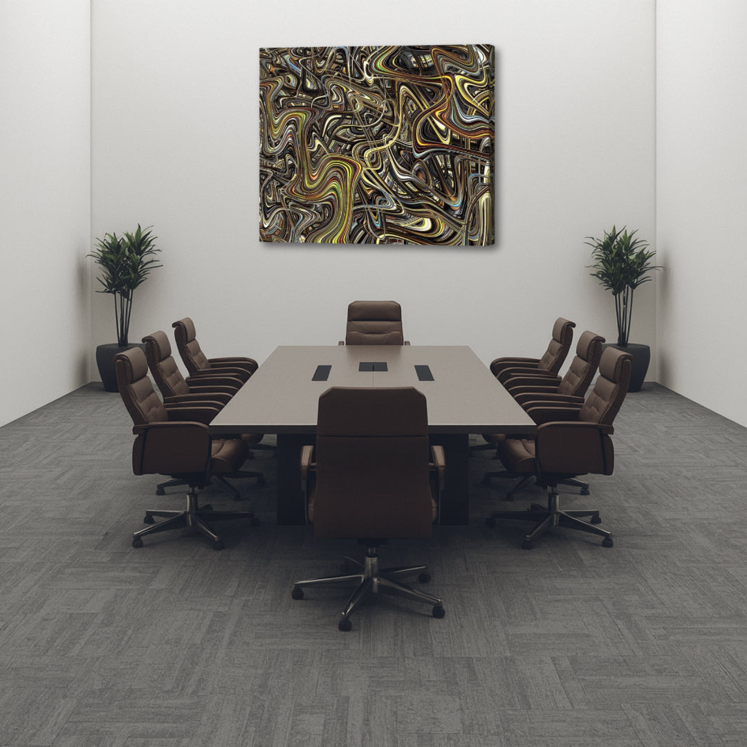Interdimensional canvas wall art by Patrick Zion displayed in a contemporary executive boardroom above a large conference table. The artwork features intricate multidimensional fractal pathways woven together in earth tones, gold, bronze, and silver, evoking complexity, innovation, interconnected thinking, strategic vision, and exploration beyond conventional boundaries.