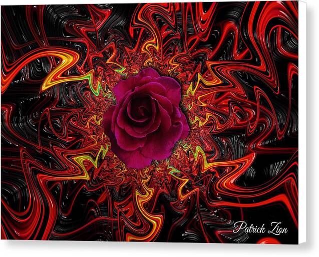 Mandala Rose – psychedelic fractal canvas art by Patrick Zion, white edge version showing a luminous rose centered in radiant red fractal energy patterns evoking warmth, devotion, and mystical floral symbolism.