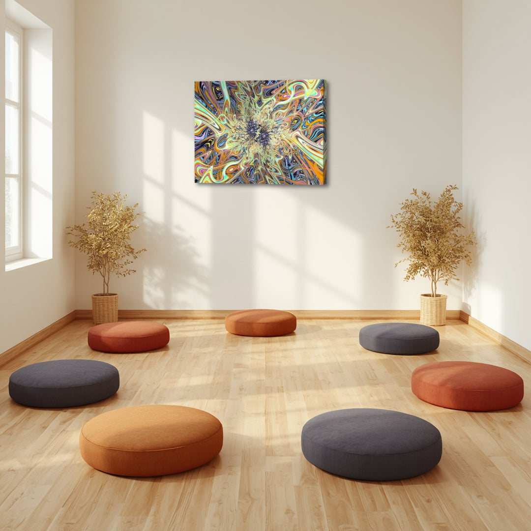 Marvelous Fractal Realm – psychedelic fractal canvas art by Patrick Zion displayed in a serene meditation space with circular floor seating and soft natural light, featuring intricate swirling patterns of gold, teal, and orange that create a hypnotic focal point, enhancing mindfulness, focus, and group energy.