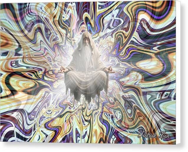 Mystic in Meditation – psychedelic spiritual canvas print by Patrick Zion, white edge version depicting a serene mystic immersed in fractal energy patterns radiating peace, wisdom, and cosmic unity.
