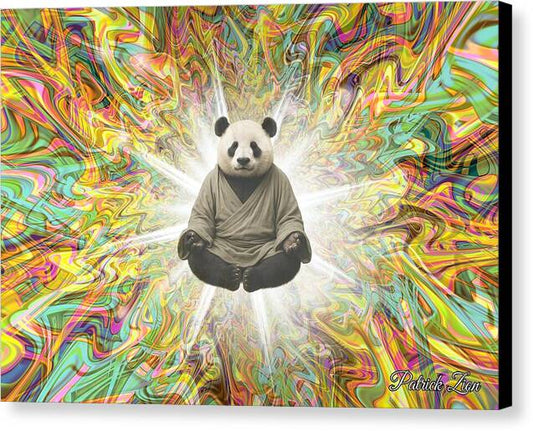 Panda Sage – spiritual fractal canvas art by Patrick Zion, black edge version featuring a meditating panda sage levitating in luminous sacred geometry light and swirling psychedelic fractal energy.