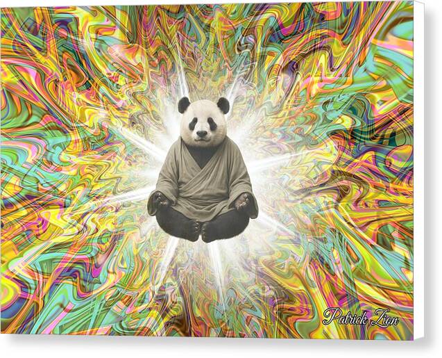 Panda Sage – spiritual fractal canvas art by Patrick Zion, white edge version showing a serene panda sage centered in bright cosmic light with colorful fractal energy flowing outward.