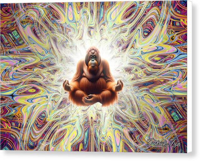 Primal Enlightenment – spiritual fractal canvas print by Patrick Zion, white edge version showing a meditative orangutan bathed in glowing rainbow energy patterns representing the awakening of primal wisdom.