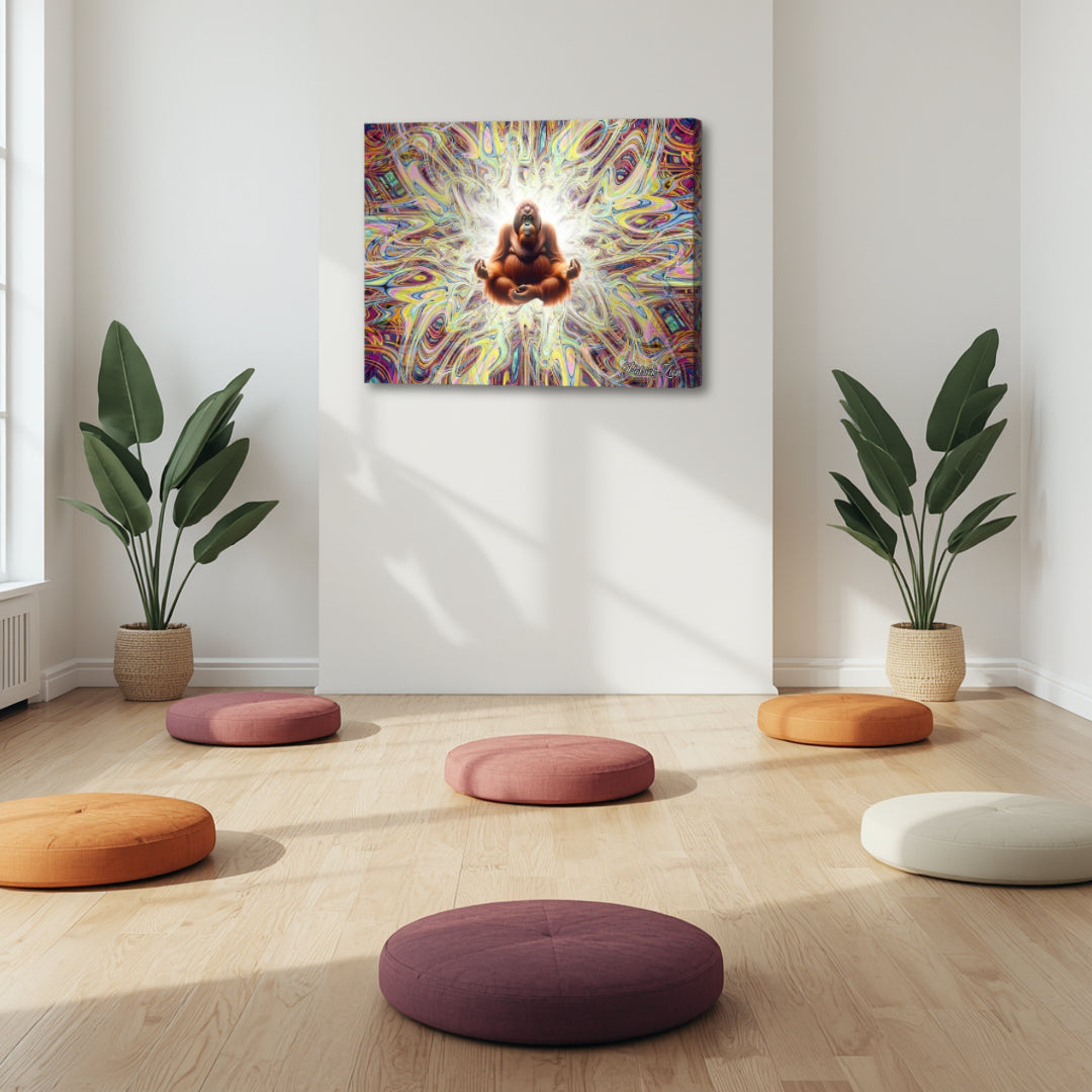 Primal Enlightenment by Patrick Zion displayed in a bright meditation studio, featuring a powerful meditative figure radiating vibrant fractal energy and awakened consciousness.