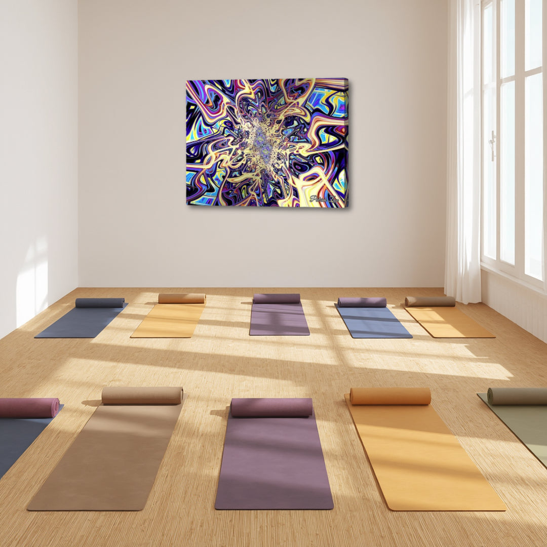 Psychedelic Vortex by Patrick Zion displayed in a bright yoga studio, radiating dynamic fractal energy that inspires movement, awareness, and a deeper connection during practice.