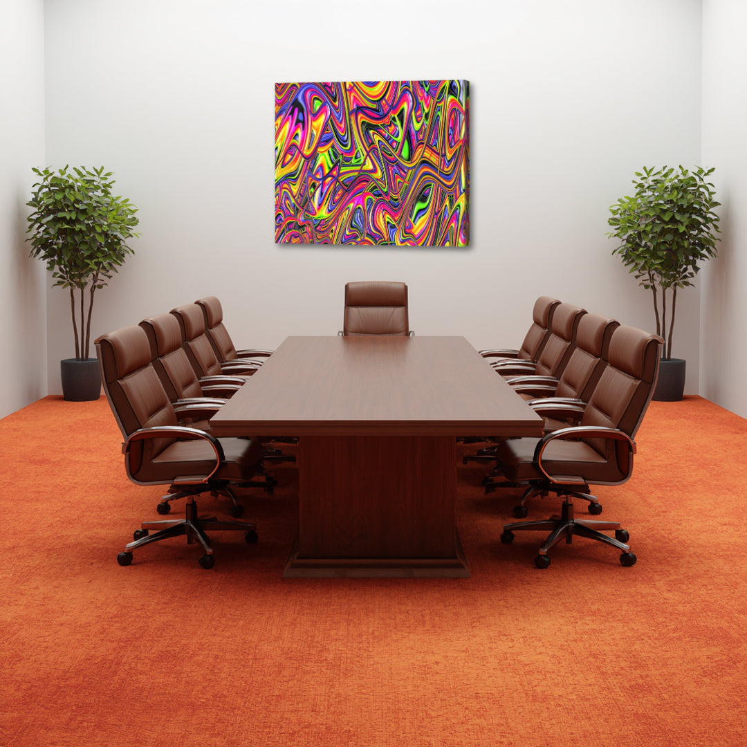 Rainbow Bright – vivid fractal canvas art by Patrick Zion positioned in a contemporary office boardroom above a conference table, showcasing fluid multicolor patterns and dynamic contrasts that bring a lively, expressive energy while enhancing creativity in a professional workspace.
