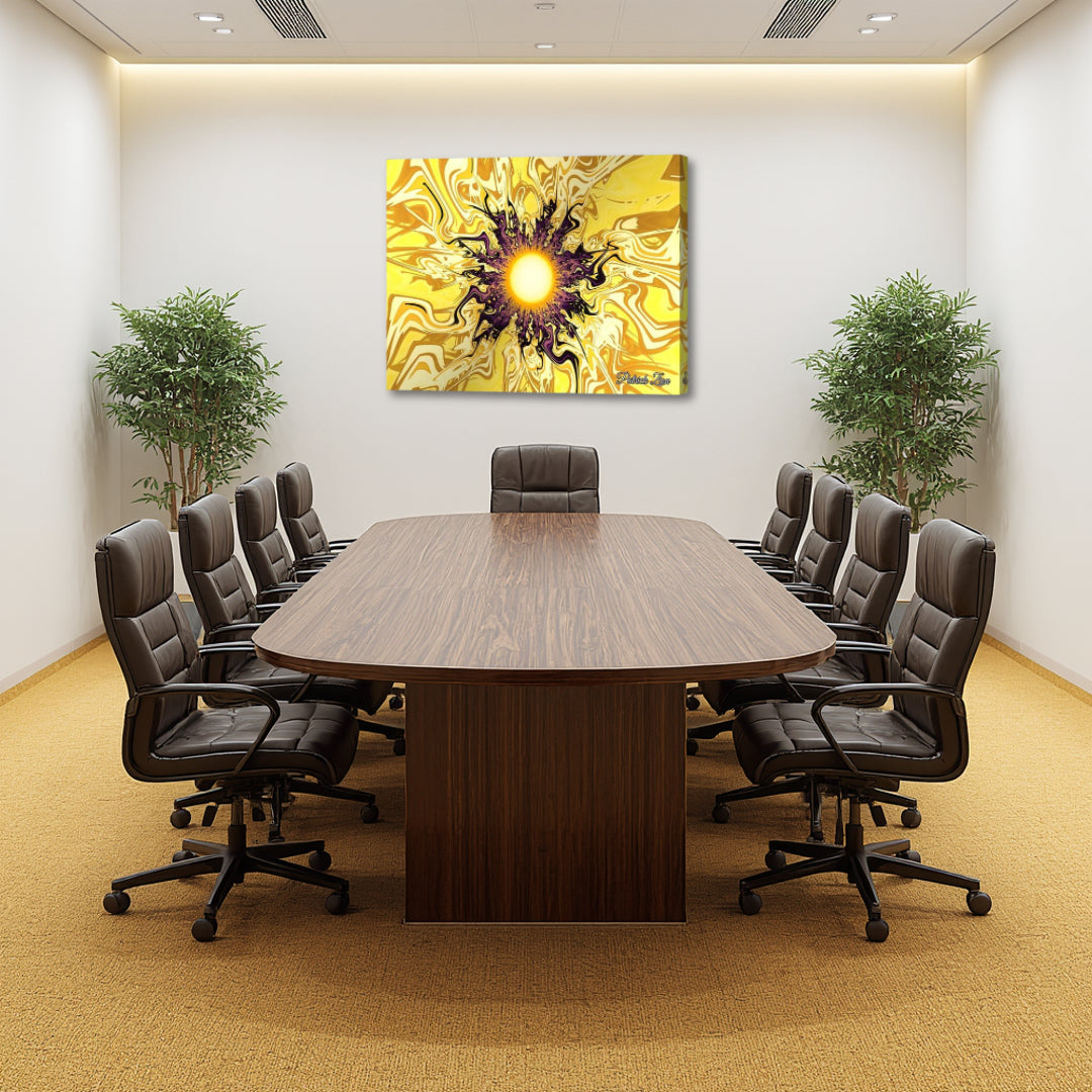 Solar Flare Essence – radiant fractal canvas art by Patrick Zion showcased in a modern office boardroom above a conference table, featuring a bright central burst and flowing golden patterns that bring warmth, focus, and a striking visual presence to a professional setting.