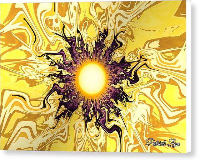 Solar Flare Essence – spiritual abstract fractal canvas print by Patrick Zion, white edge version representing the brilliance of the Sun radiating luminous gold and purple hues in flowing waves of light.