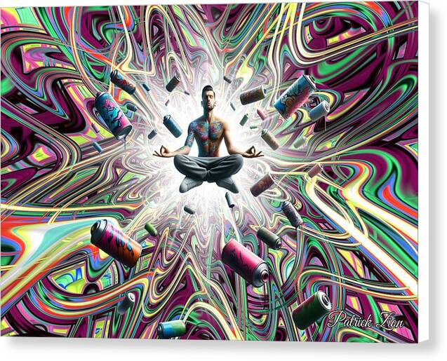 Street Artist’s Enlightenment – psychedelic canvas print by Patrick Zion, white edge version showing a tattooed artist levitating in meditation amid vibrant spray cans and swirling energy patterns representing creativity and higher consciousness.