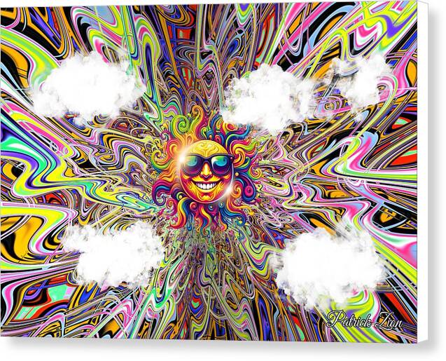 Summer Vibes – trippy fractal wall art by Patrick Zion, white edge version showing a vivid sun with shades surrounded by swirling rainbow clouds and vibrant psychedelic motion.