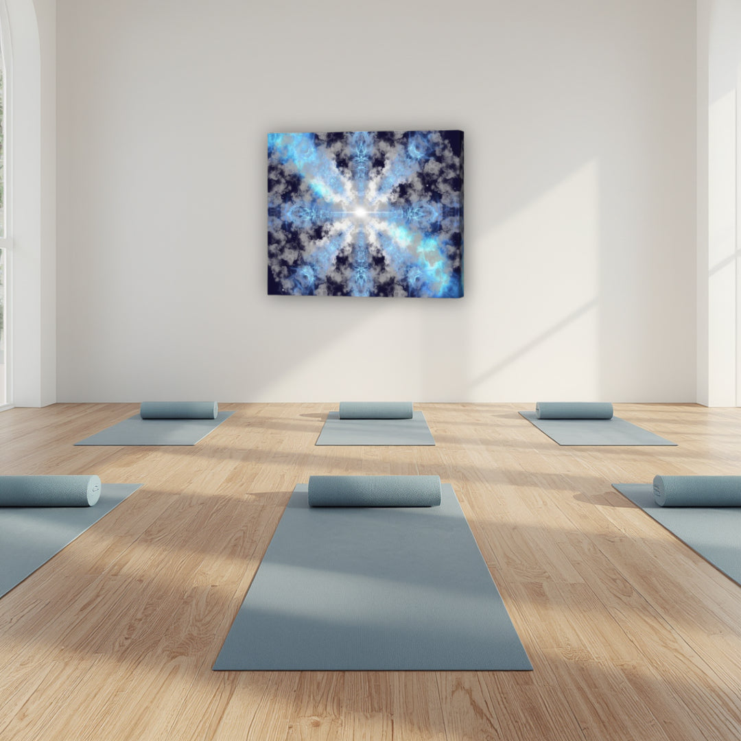 Supernova – spiritual fractal canvas art by Patrick Zion in a minimalist meditation studio, showcasing a luminous center radiating through symmetrical blue fractal clouds, representing inner awakening, stillness, and cosmic alignment.