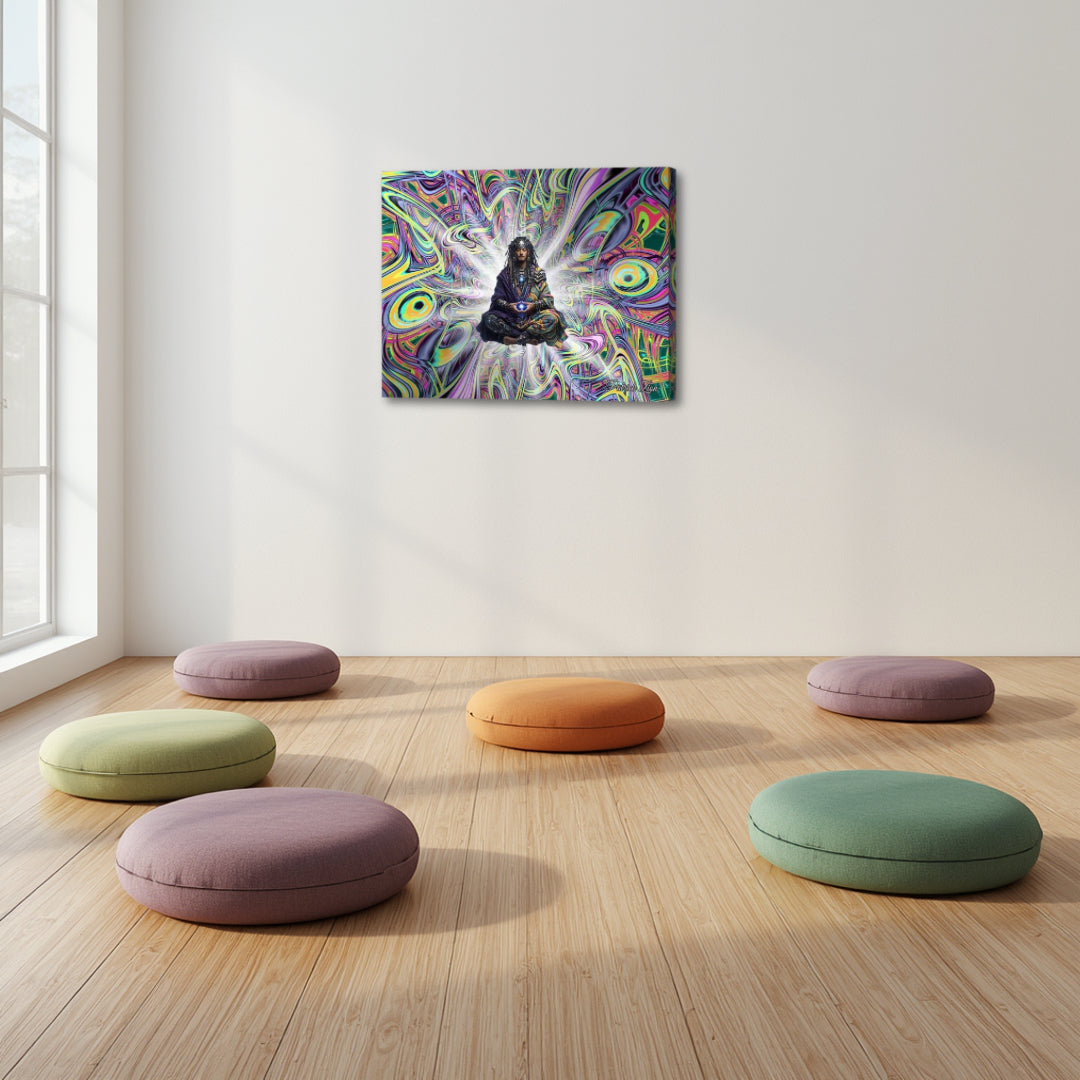 The Dreamwalker – visionary psychedelic canvas by Patrick Zion displayed in a tranquil meditation room, featuring a centered figure levitating within intricate colorful fractal patterns, evoking expanded awareness and inner exploration.