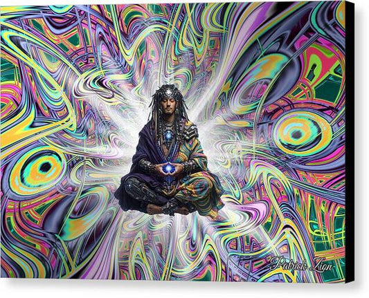 The Dreamwalker – spiritual fractal canvas art by Patrick Zion, black edge version featuring a meditative dreamwalker levitating within radiant sacred geometry and swirling psychedelic fractal energy.