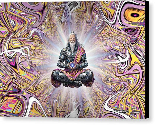 The Droid Druid – spiritual fractal canvas art by Patrick Zion, black edge version featuring a futuristic druid levitating in deep meditation surrounded by radiant sacred geometry and fractal energy.