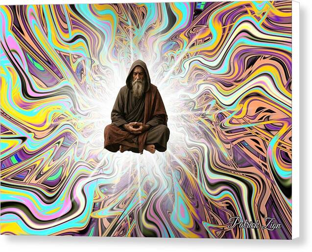 The Elder – spiritual fractal canvas art by Patrick Zion, white edge version showing a meditating elder levitating in bright sacred geometry light surrounded by colorful fractal energy patterns symbolizing inner peace and enlightenment.