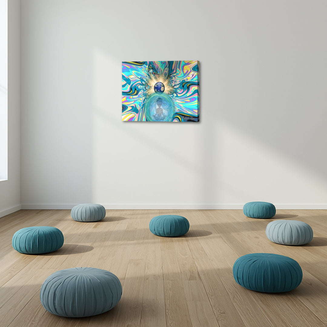 The Gods Among Us – mystical fractal canvas art by Patrick Zion displayed in a serene meditation space, featuring an ethereal human figure beneath a radiant Earth surrounded by flowing cosmic patterns, symbolizing awakening and the connection between human and divine consciousness.