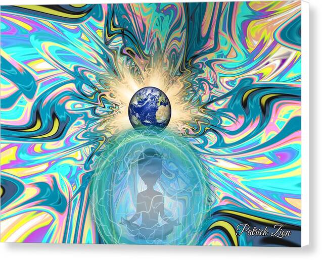 The Gods Among Us – psychedelic spiritual wall art by Patrick Zion, white edge version featuring a meditating inter-dimensional figure encased in glowing energy beneath the Earth, radiating celestial light and cosmic unity.
