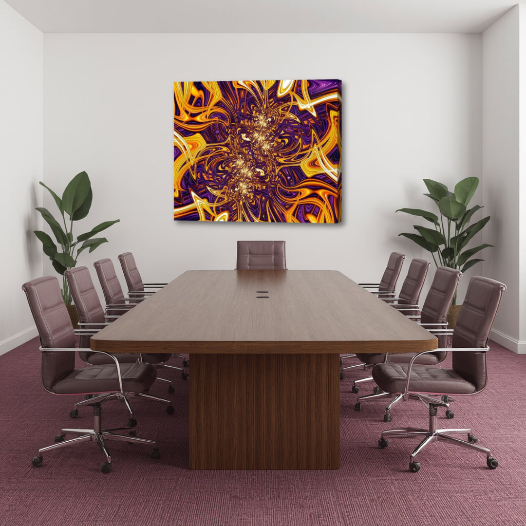 The Gordian Knot canvas wall art by Patrick Zion displayed above a modern executive conference table in a professional boardroom. The artwork features intricate interwoven fractal patterns in vibrant purple, gold, amber, and cream tones, evoking complexity, interconnectedness, creativity, strategic thinking, and the challenge of solving life's most intricate puzzles.