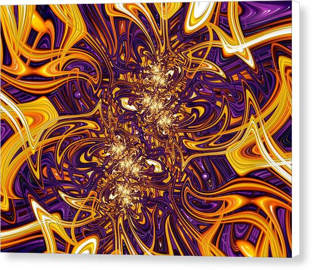 The Gordian Knot – abstract fractal canvas print by Patrick Zion, white edge version featuring radiant gold and deep purple energy patterns flowing in infinite loops of light and motion.