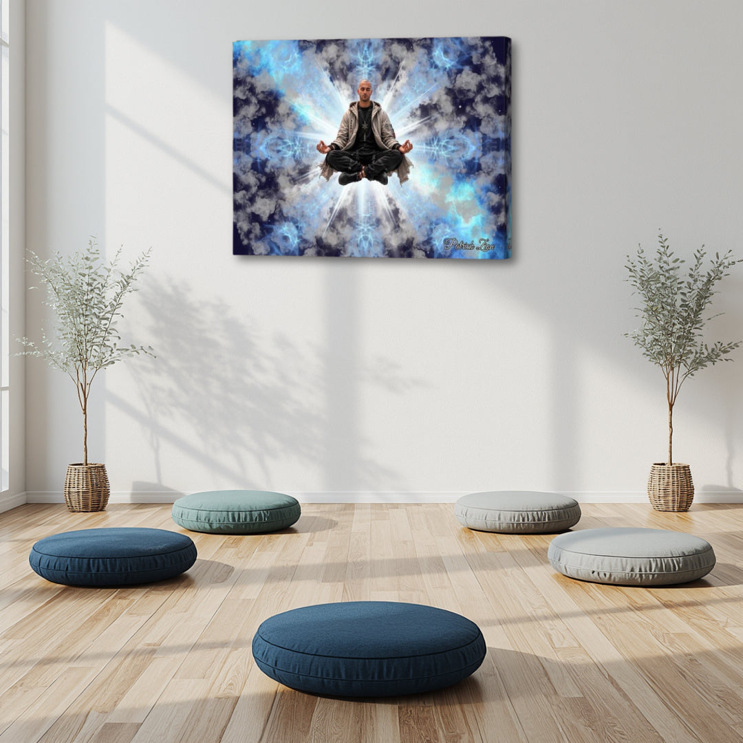 The Inner Temple canvas wall art by Patrick Zion displayed in a modern meditation room with floor meditation cushions, natural light, and minimalist décor. The artwork depicts a meditating figure levitating before radiant white light, surrounded by luminous blue clouds and celestial energy, inspiring mindfulness, inner peace, spiritual awakening, and contemplative practice.