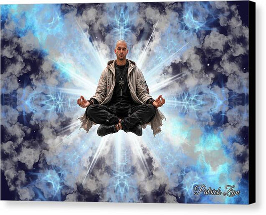 The Inner Temple spiritual fractal wall art canvas print by Patrick Zion with black edges, depicting a peaceful levitating meditator surrounded by luminous blue fractal clouds and celestial light.