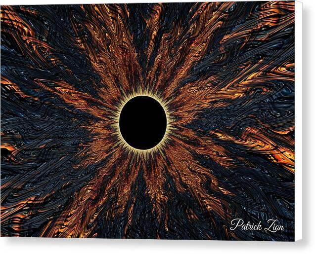 The Nigredo – mystical fractal canvas print by Patrick Zion, white edge version depicting an alchemical black sun radiating fiery gold and bronze patterns from the void.