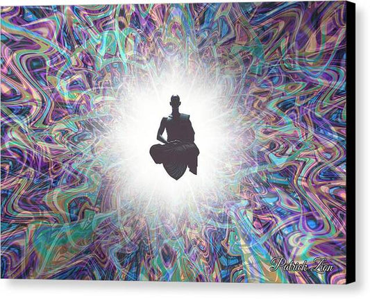 The Primordial Being – spiritual fractal canvas art by Patrick Zion, black edge version featuring a meditating figure radiating divine light at the center of swirling psychedelic geometry symbolizing cosmic consciousness.