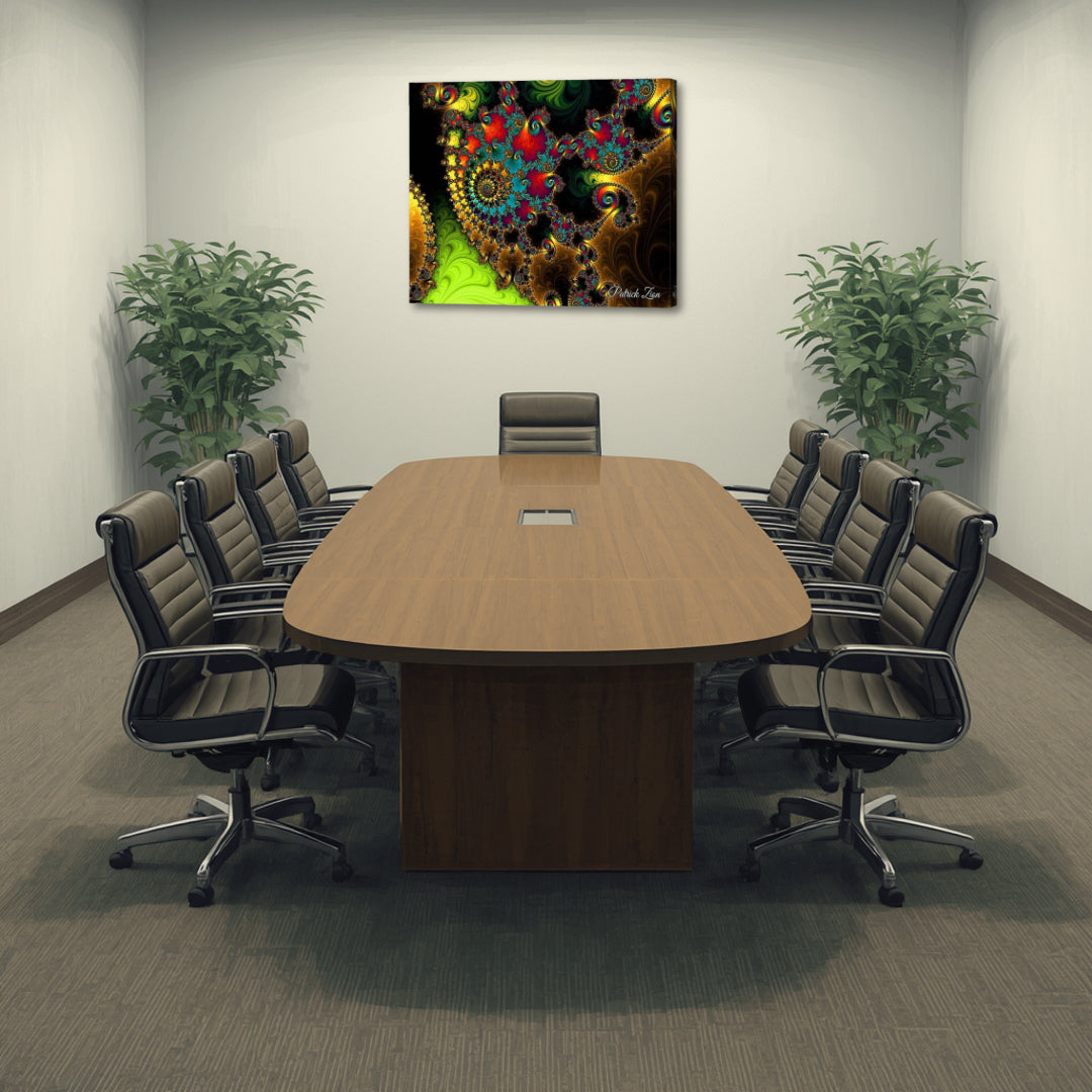 The Touch of Orient – vibrant psychedelic fractal artwork by Patrick Zion mounted in a contemporary office setting above a conference table, showcasing intricate flowing patterns and rich, oriental-inspired tones that bring an energizing yet balanced atmosphere to a focused workspace.