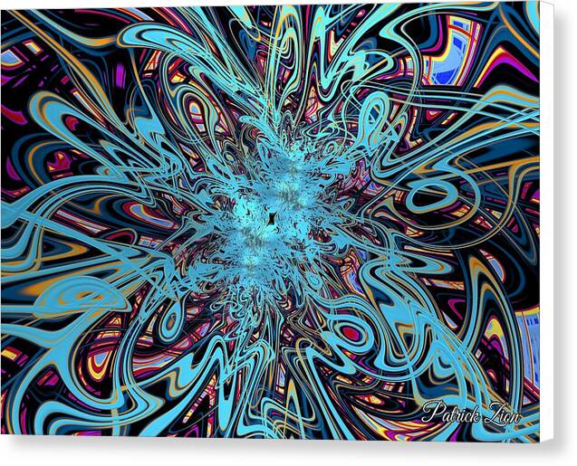 Vibrant Cosmic Swirl – visionary abstract wall art by Patrick Zion, white edge version showcasing a kaleidoscopic explosion of turquoise, violet, and electric blue patterns symbolizing infinite motion and creation.