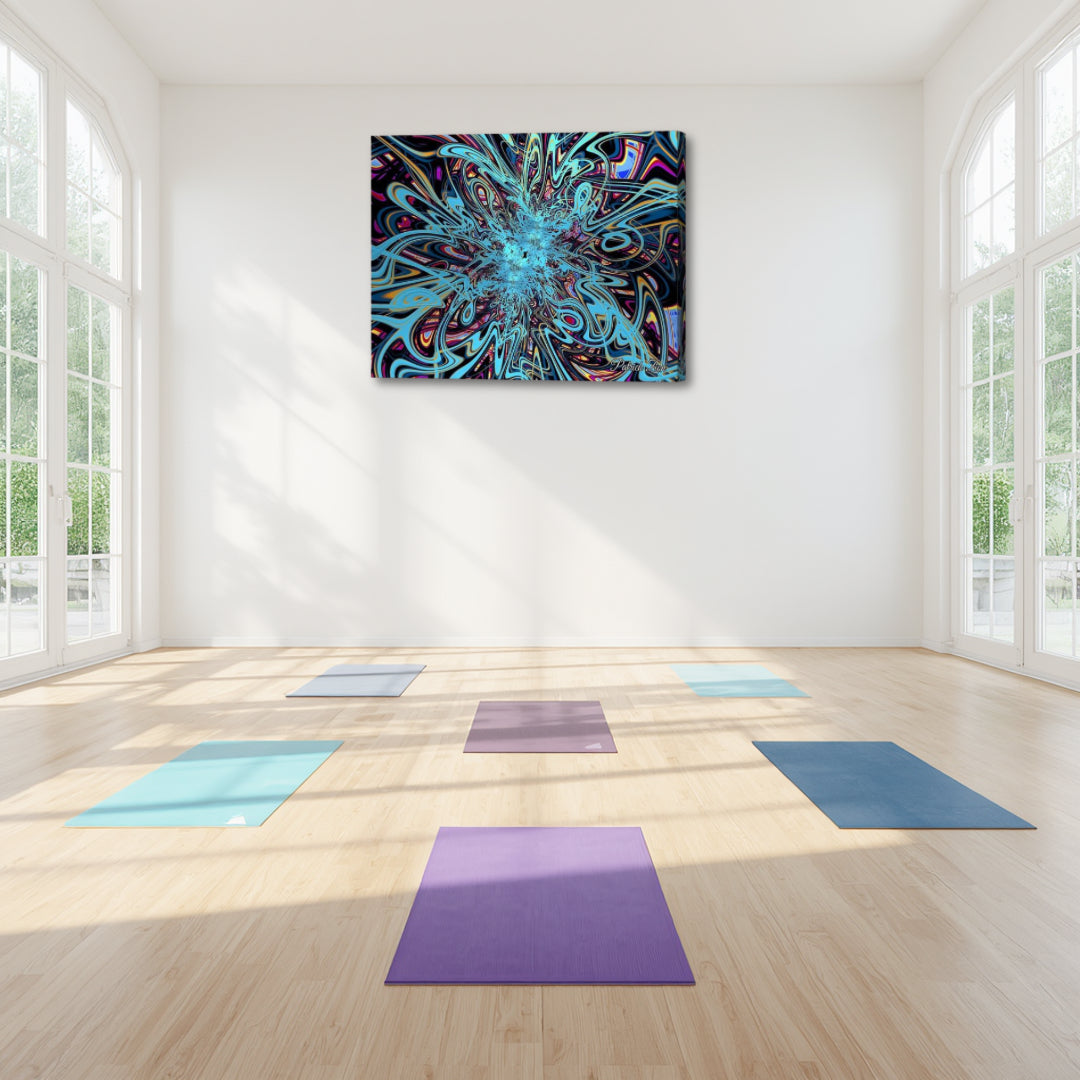 Vibrant Cosmic Swirl by Patrick Zion displayed in a bright yoga studio, featuring dynamic blue fractal energy patterns symbolizing flow, awareness, and cosmic consciousness.