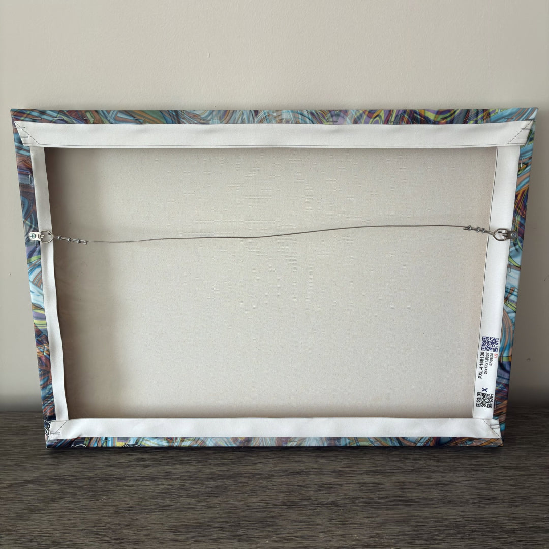 Back of a Patrick Zion canvas print showing tightly stretched canvas, solid wooden frame, and pre-installed hanging hardware.