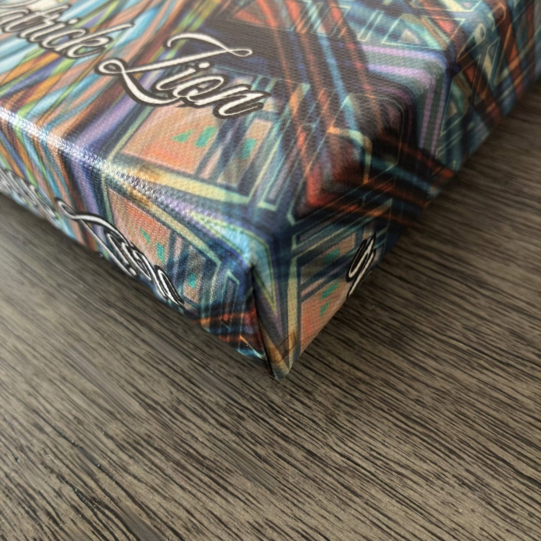 Close-up of the glossy finish on a Patrick Zion canvas print highlighting vibrant colors and light reflection.