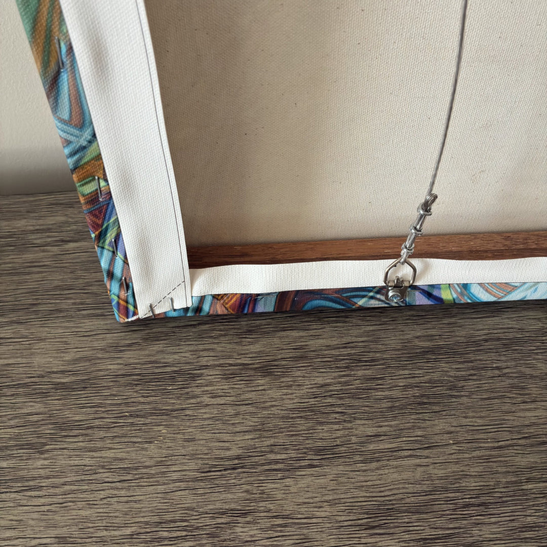 Precision-folded corner of a Patrick Zion gallery-wrapped canvas print showing clean craftsmanship and attention to detail.